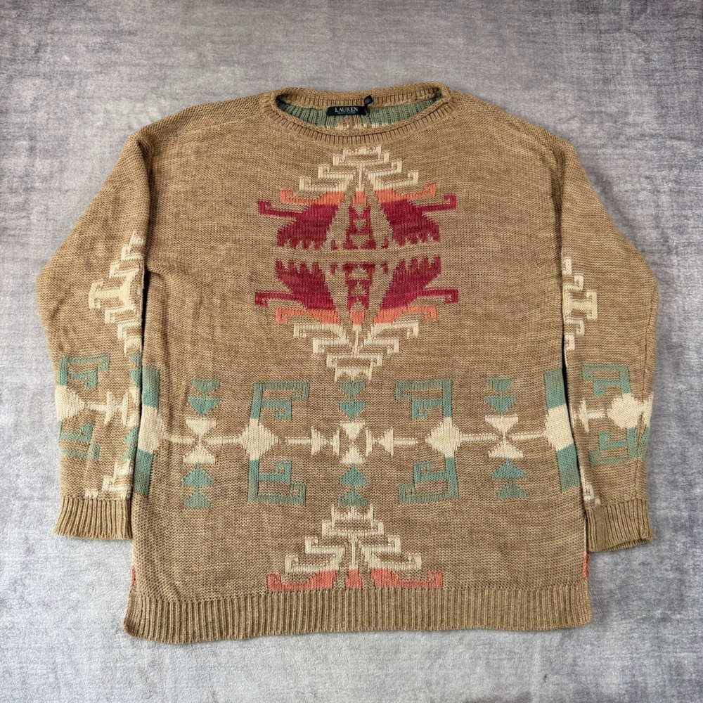 Lauren Ralph Lauren Sweater Mens XL Tan Southwestern Roll neck Intarsia Aztec